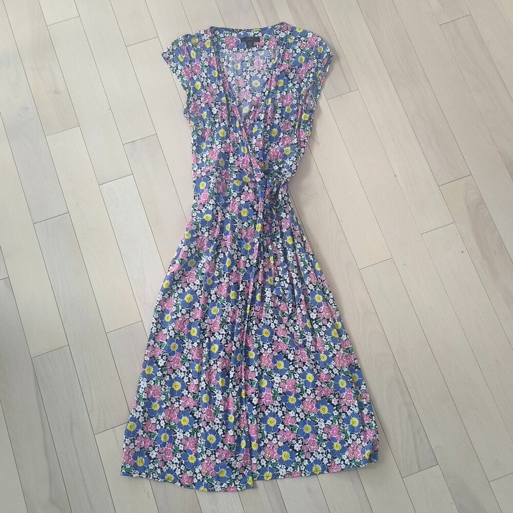 J. Crew Midi Wrap Dress Soft Viscose Pink Blue Flowers Floral Women's XSP
